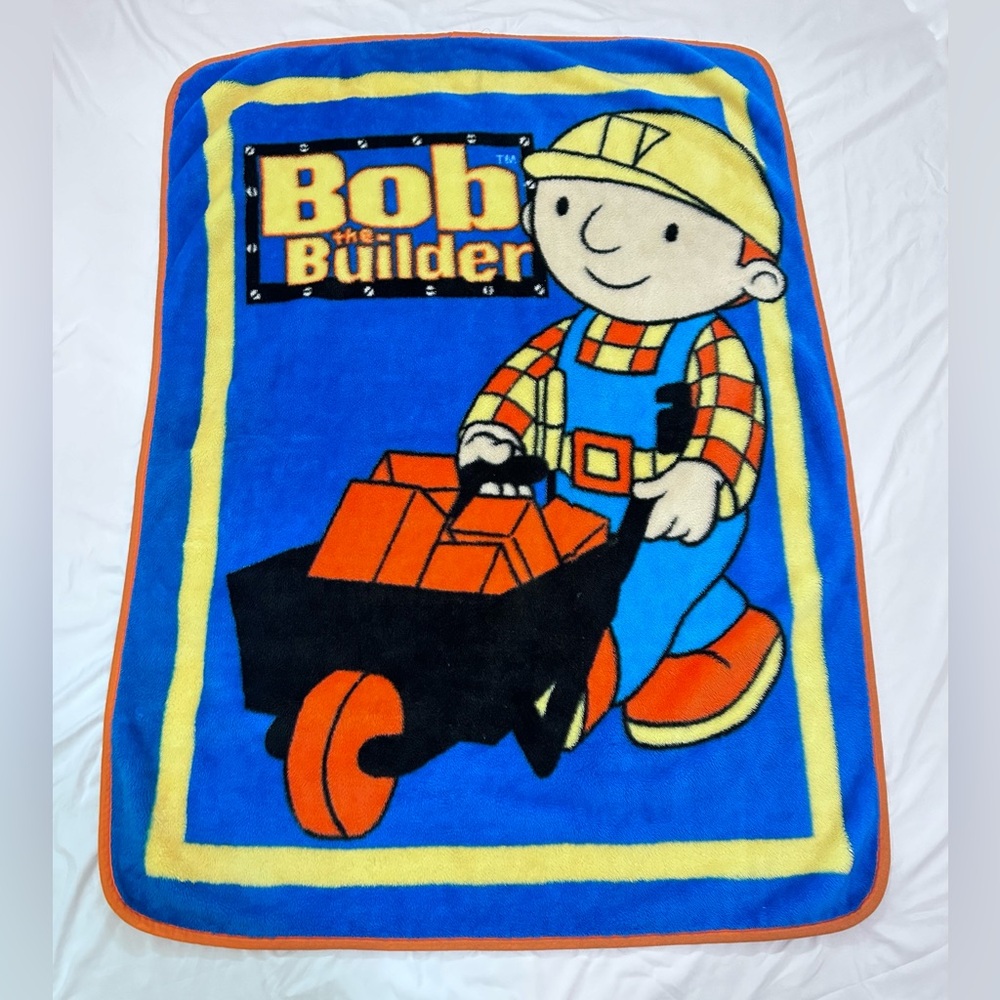 Vintage Bob the Builder Y2K Fleece Blanket Kids Room Decor Retro Throw 58.5”x43”